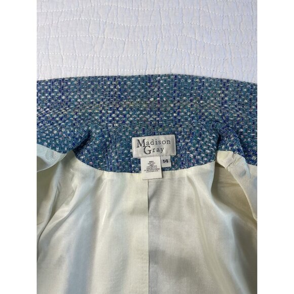 VTG Madison Gray Blue Green Textured 100% Silk Women SZ 14 Blazer Jacket USA - Picture 8 of 10